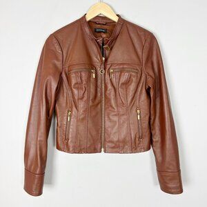 Y2K Bebe Brown Leather Moto Jacket Fall Classic Size Small Women's